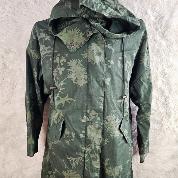 H&M Women's Green Patterned Cotton Parka Size S - Picture 1 of 10